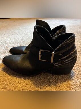 Women’s Black Ankle Boots with Buckle and Tribal Pattern Heel